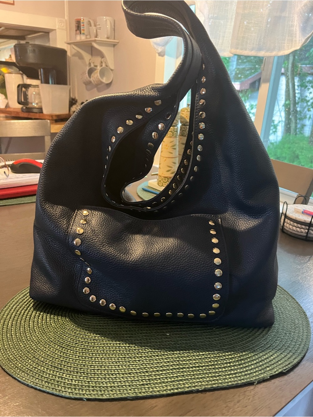 LAGGO- Mara Midnight Navy Soft Pebble Leather Hobo With Gold Studs
